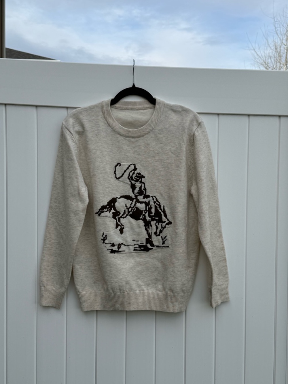 Women's Cream Cowboy Graphic Crewneck Sweater with black embroidered patch!